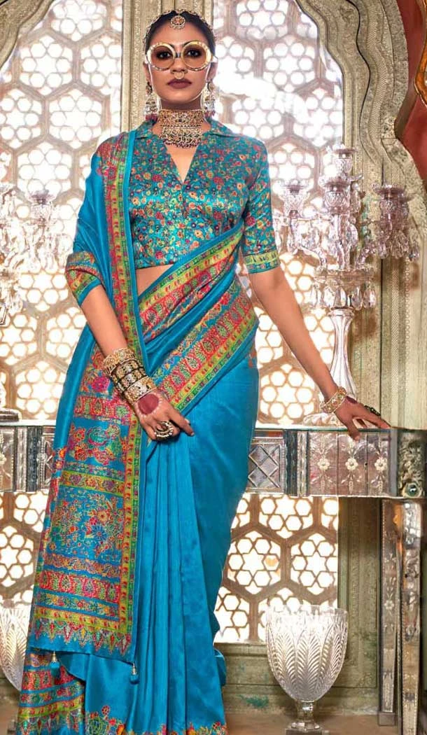 Firozi Blue Silk Resham Work Party Wear Saree - 11274200041