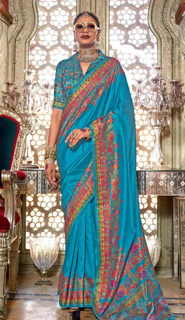 Firozi Blue Silk Resham Work Party Wear Saree - 11274200041