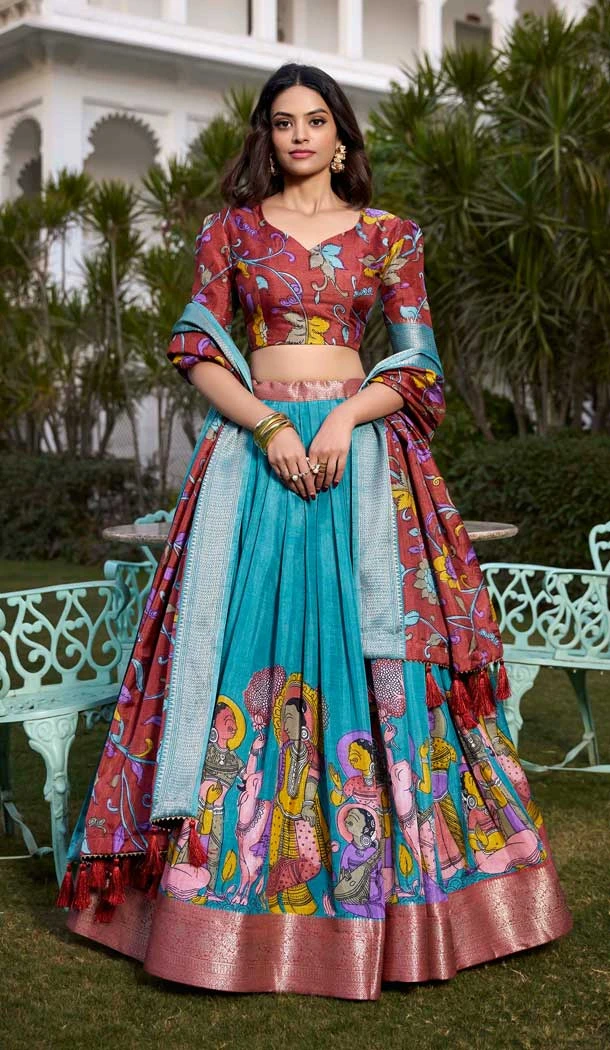 Dola Silk Printed Traditional Wear Lehenga Choli In Firozi Blue - 11280200061