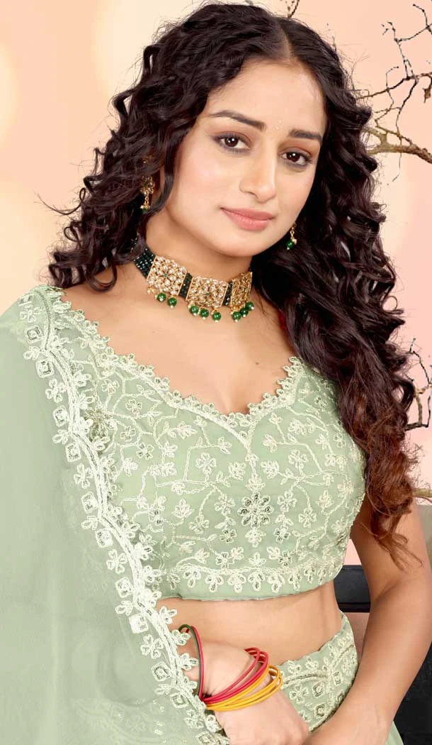 Georgette Sequins Work Party Wear Lehenga Choli In Sea Green - 11288200088