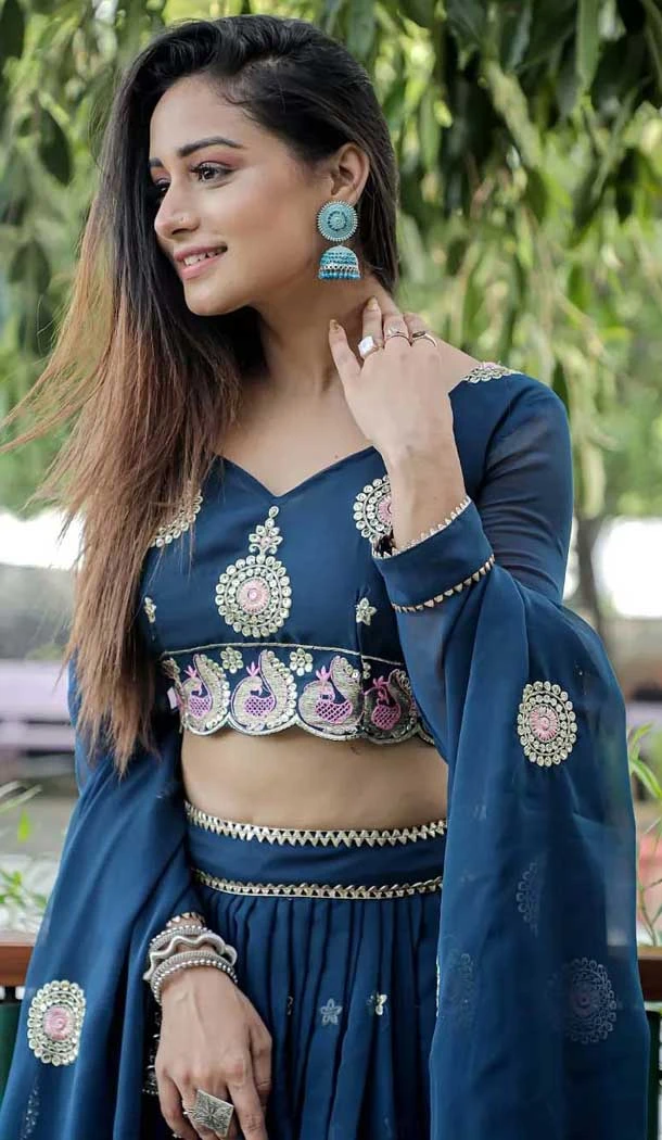 Georgette Sequins Work Party Wear Lehenga Choli In Blue - 11288200089