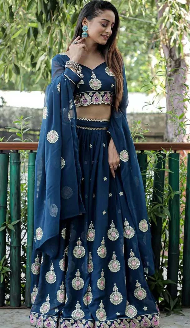Georgette Sequins Work Party Wear Lehenga Choli In Blue - 11288200089