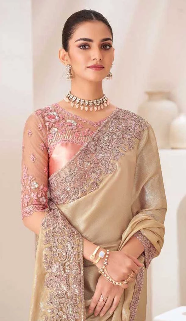 Beige Satin Chiffon Resham Work Party Wear Saree - 11243199872