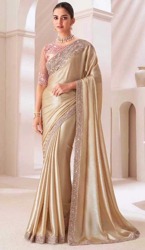 Beige Satin Chiffon Resham Work Party Wear Saree - 11243199872