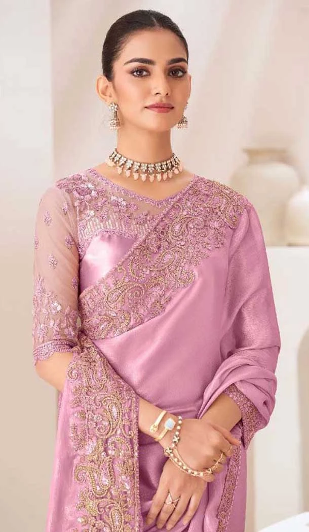 Pink Satin Chiffon Resham Work Party Wear Saree - 11243199873