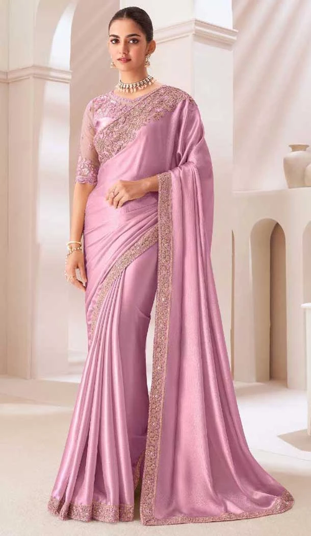 Pink Satin Chiffon Resham Work Party Wear Saree - 11243199873