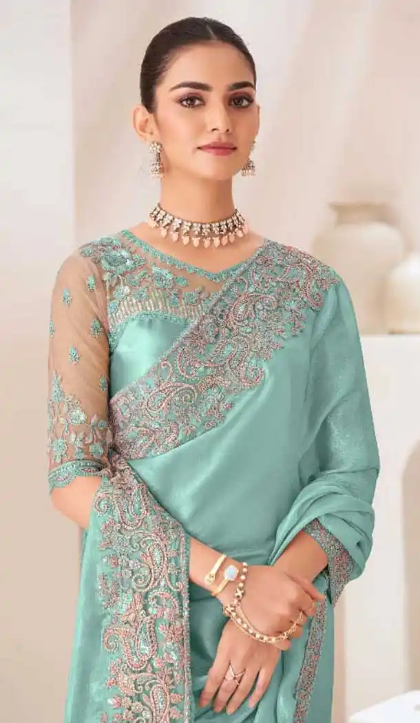 Firozi Blue Satin Chiffon Resham Work Party Wear Saree - 11243199874