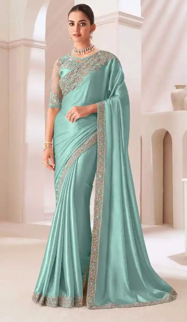Firozi Blue Satin Chiffon Resham Work Party Wear Saree - 11243199874