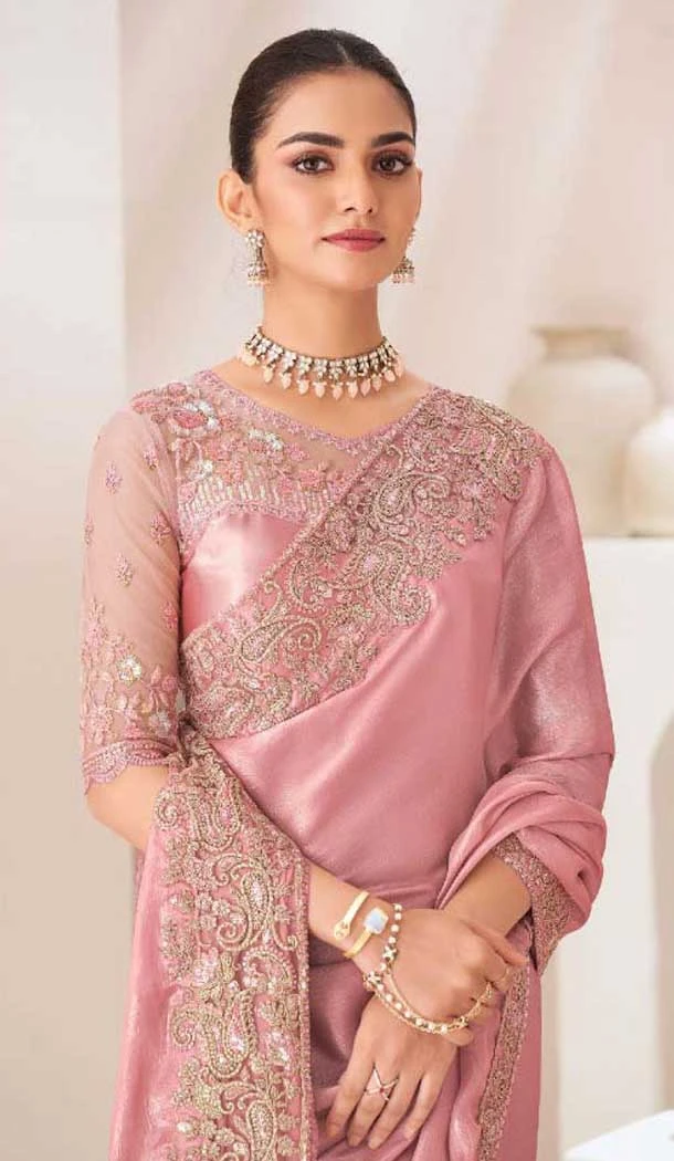 Baby Pink Satin Chiffon Resham Work Party Wear Saree - 11243199875