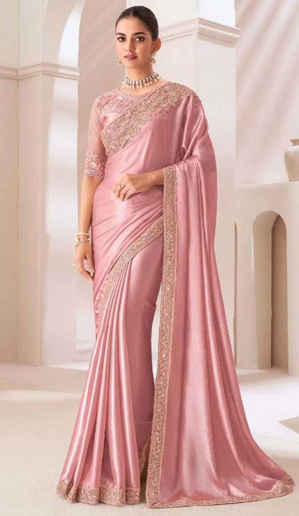 Baby Pink Satin Chiffon Resham Work Party Wear Saree - 11243199875