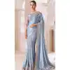 Sky Blue Satin Chiffon Resham Work Party Wear Plus Size Saree - 11243199876