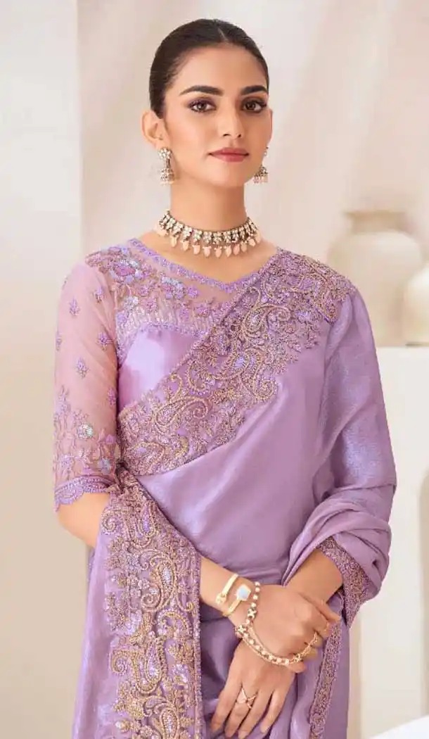 Lavender Satin Chiffon Resham Work Party Wear Saree - 11243199877