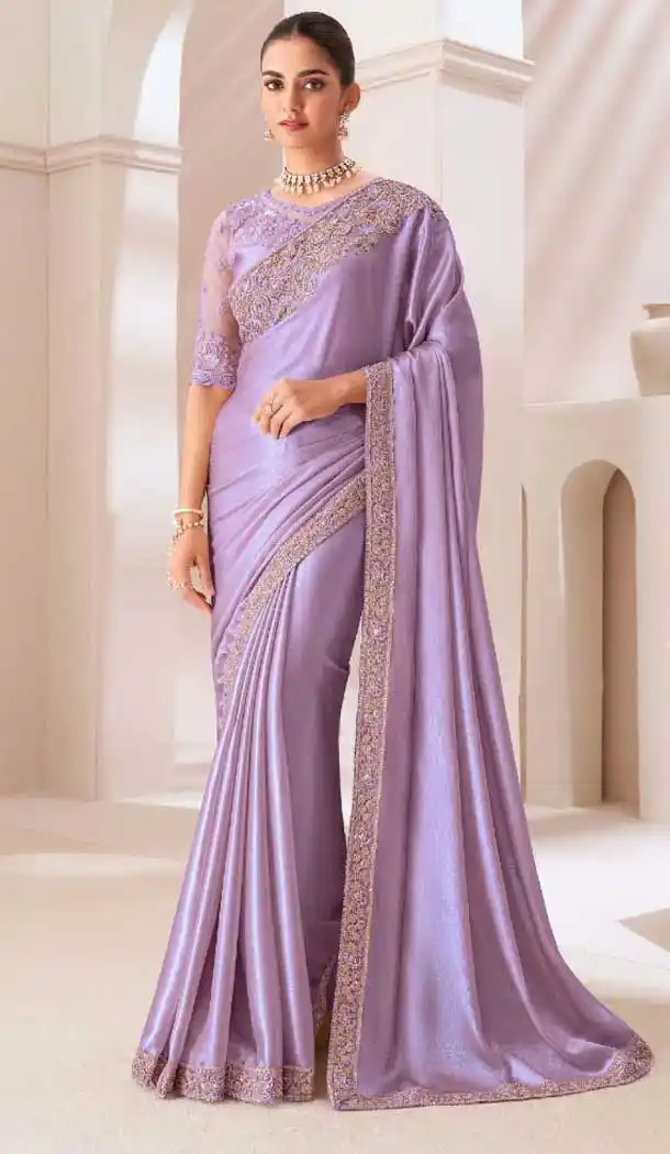 Lavender Satin Chiffon Resham Work Party Wear Saree - 11243199877