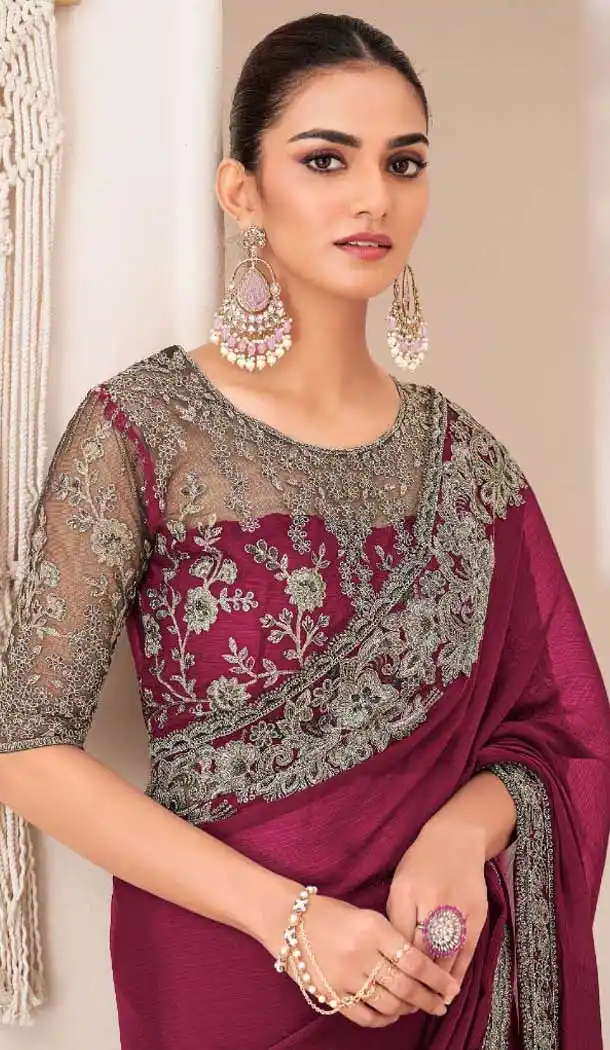 Wine Georgette Chiffon Sequins Work Party Wear Saree - 11244199879
