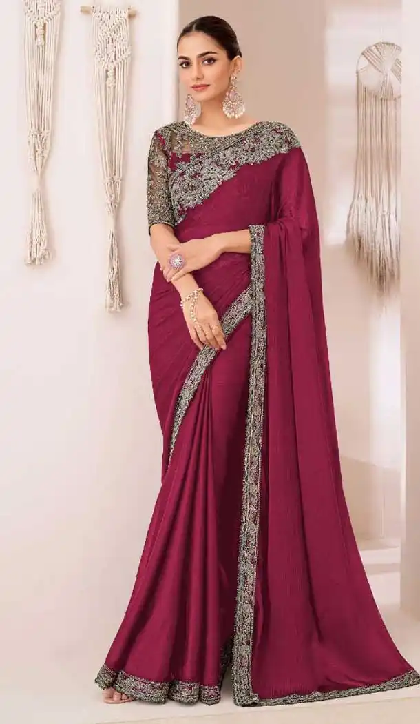 Wine Georgette Chiffon Sequins Work Party Wear Saree - 11244199879