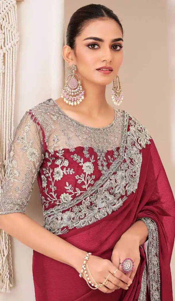 Maroon Georgette Chiffon Sequins Work Party Wear Saree - 11244199882