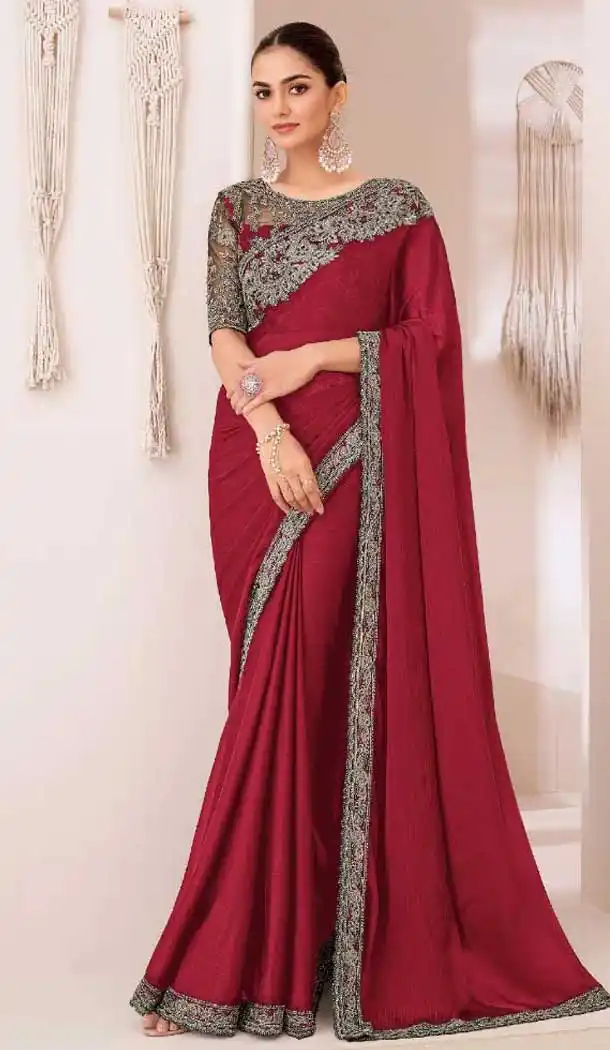 Maroon Georgette Chiffon Sequins Work Party Wear Saree - 11244199882