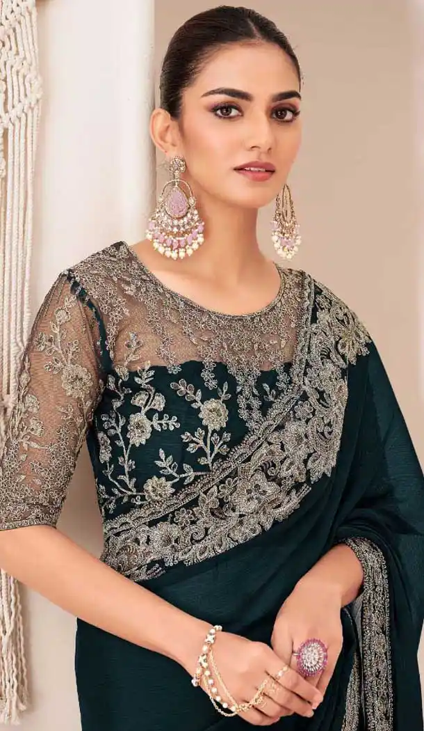 Teal Blue Georgette Chiffon Sequins Work Party Wear Saree - 11244199883