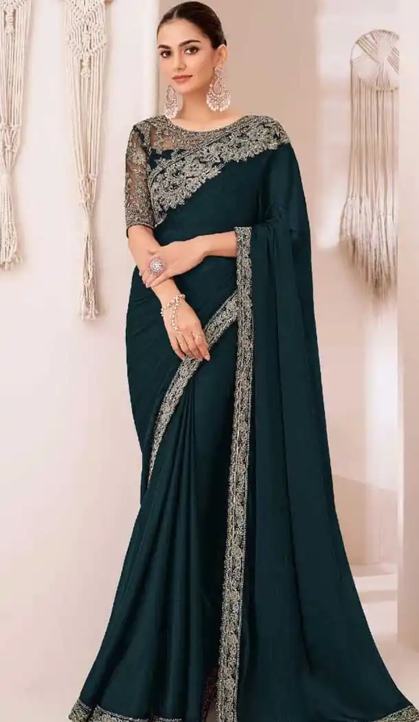 Teal Blue Georgette Chiffon Sequins Work Party Wear Saree - 11244199883