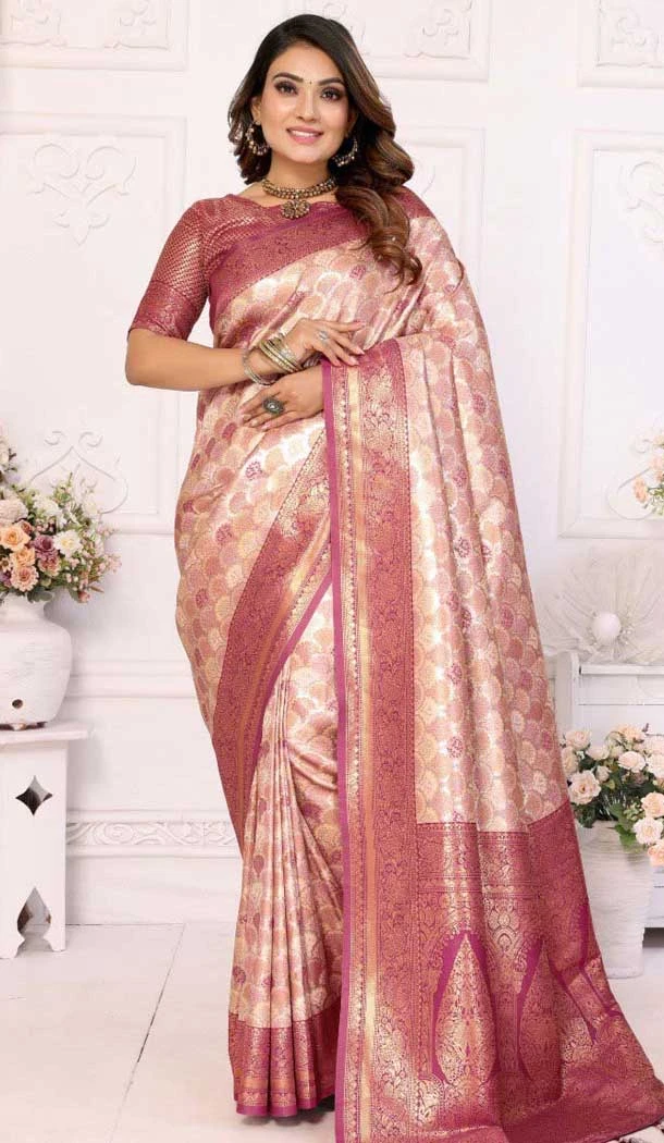 Cream Burgundy Banarasi Silk Zari Work Party Wear Saree - 11255199918