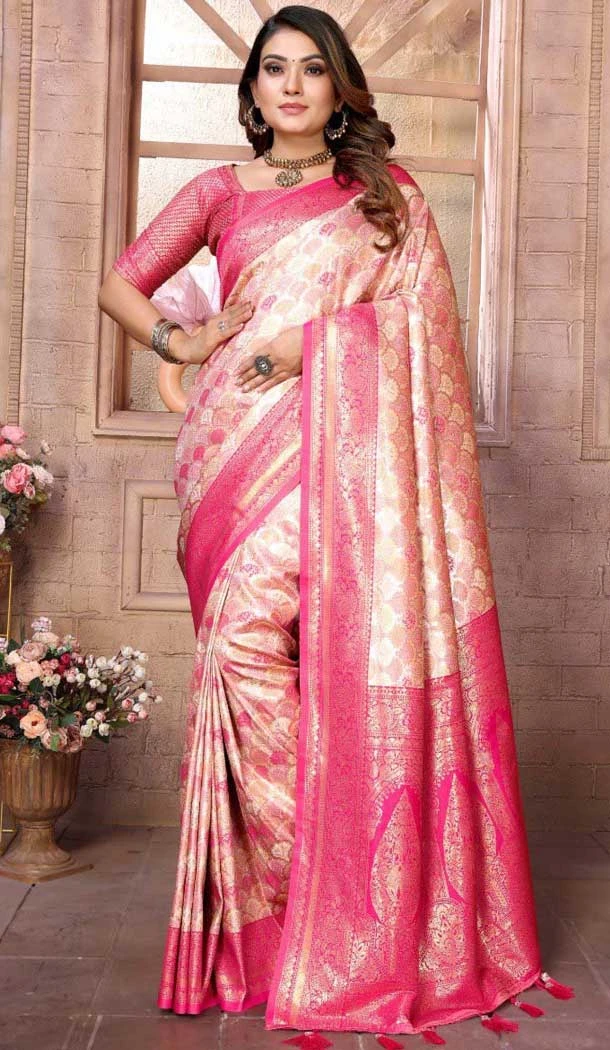 Cream Pink Banarasi Silk Zari Work Party Wear Saree - 11255199919
