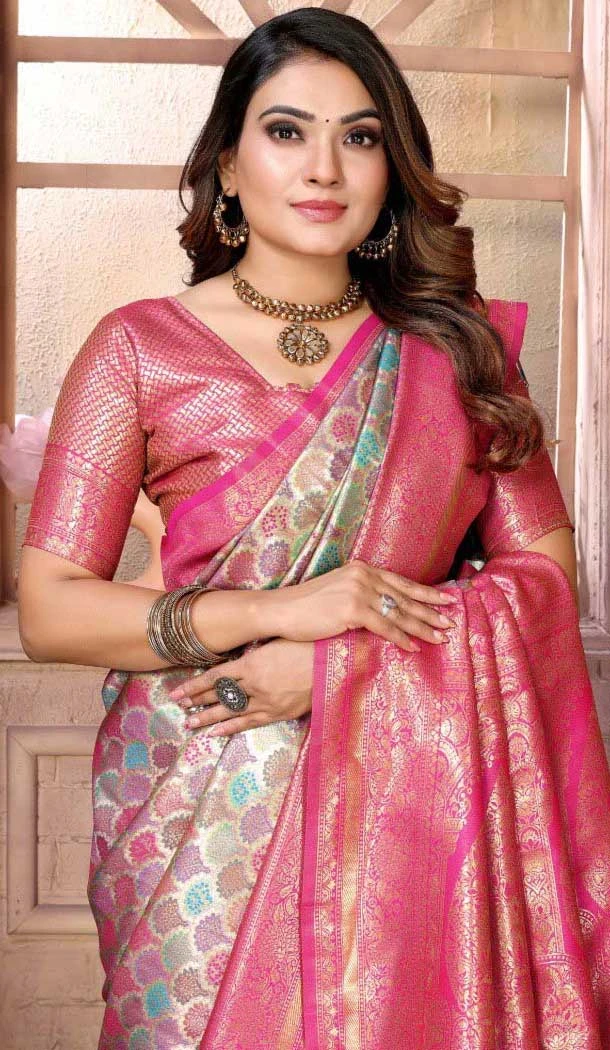 Multi Color Banarasi Silk Zari Work Party Wear Saree - 11255199921