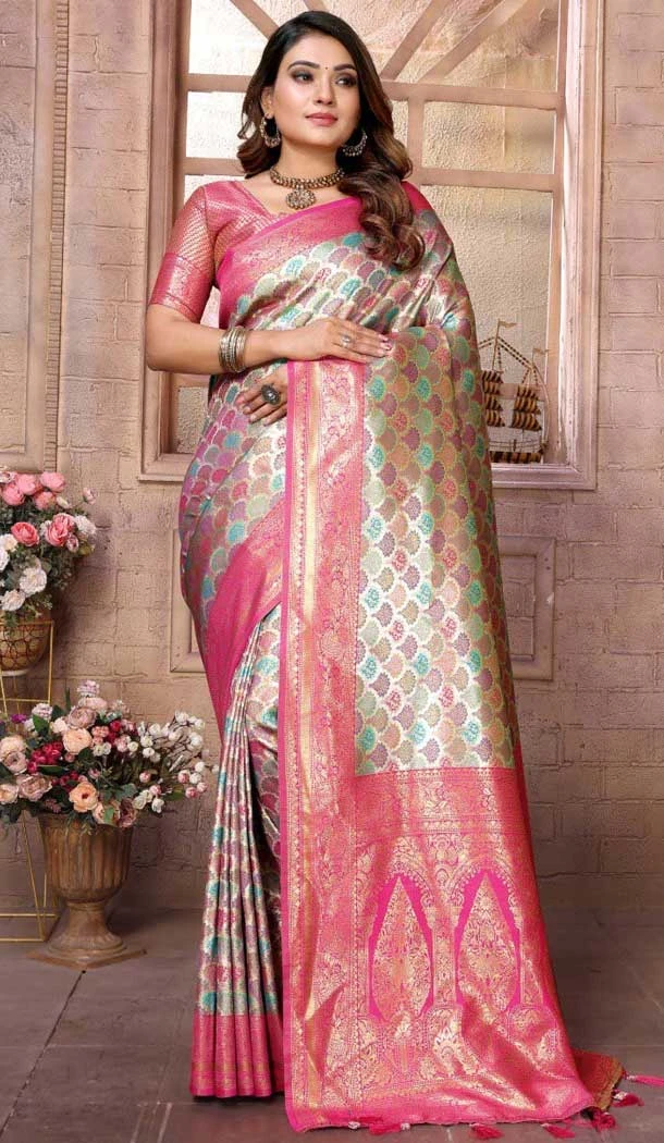 Multi Color Banarasi Silk Zari Work Party Wear Saree - 11255199921