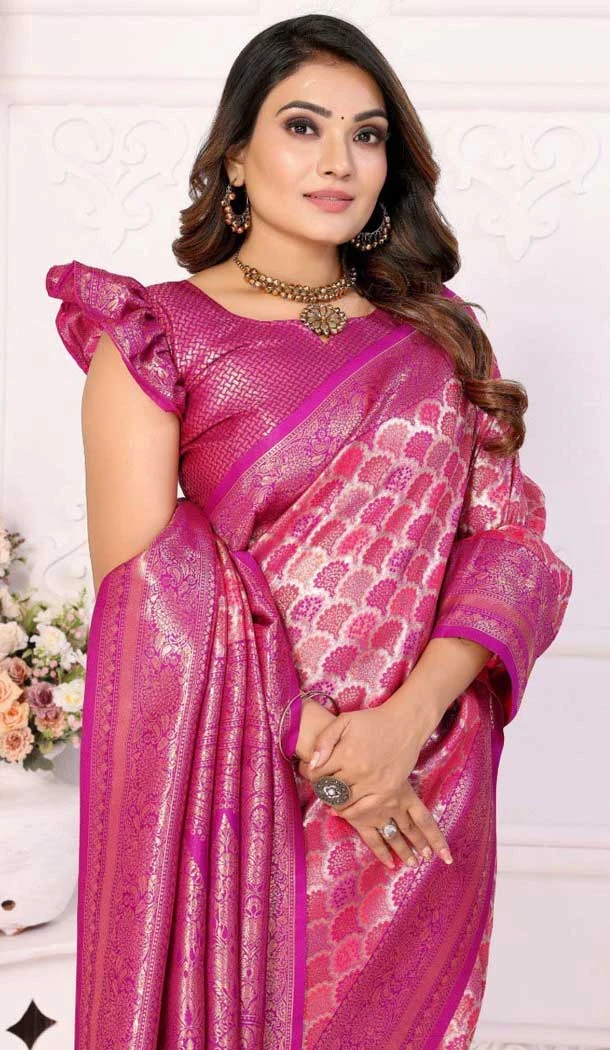 Pink Banarasi Silk Zari Work Party Wear Saree - 11255199923