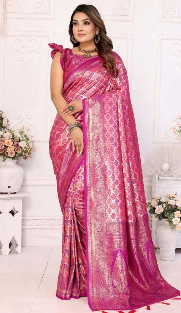 Pink Banarasi Silk Zari Work Party Wear Saree - 11255199923