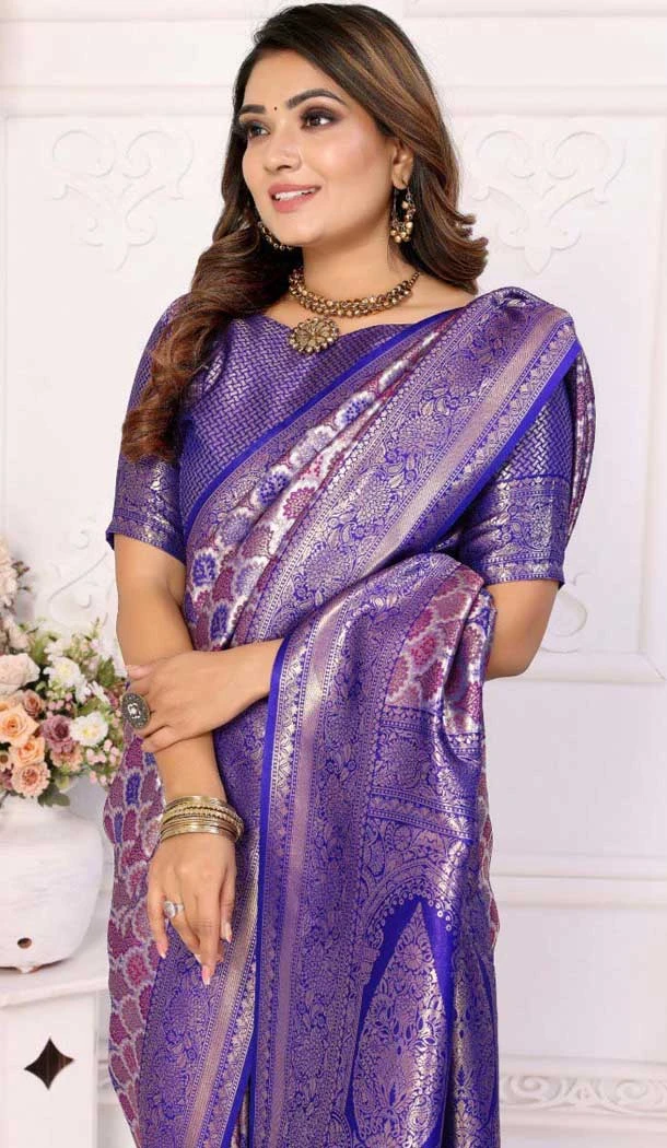 Purple Banarasi Silk Zari Work Party Wear Saree - 11255199924