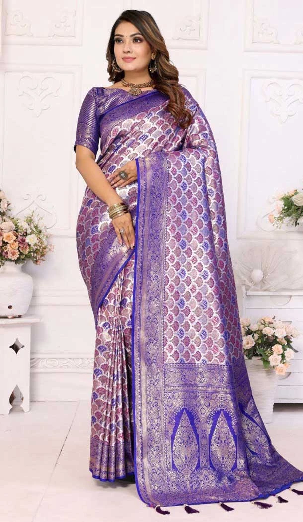 Purple Banarasi Silk Zari Work Party Wear Saree - 11255199924