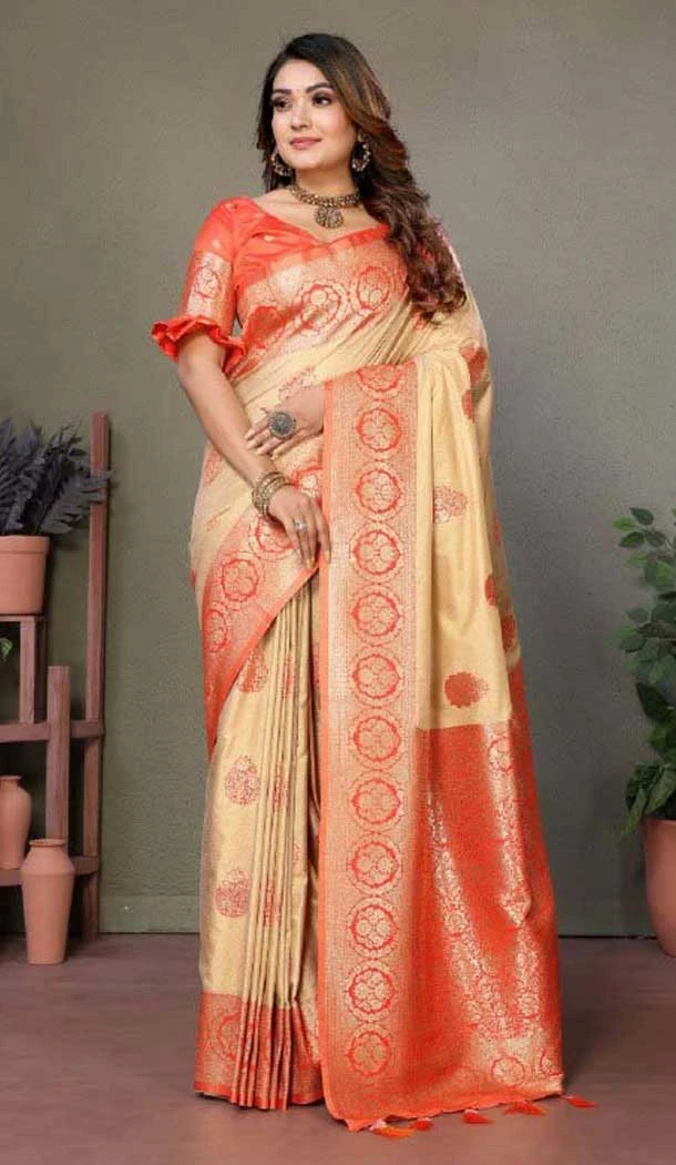 Viscose Silk Zari Weaving Work Party Wear Saree In Cream - 11259199943
