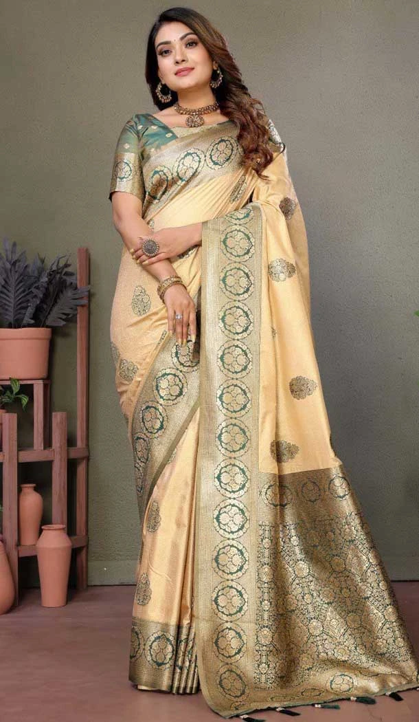 Party Wear Viscose Silk Zari Weaving Work Saree In Cream - 11259199945