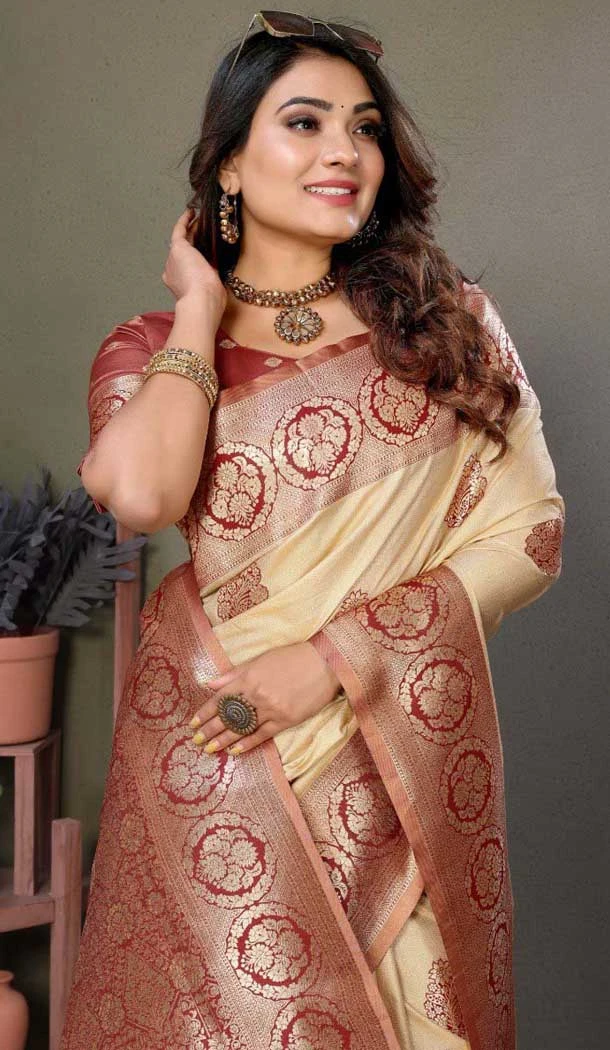 Viscose Silk Zari Weaving Work Party Wear Designer Saree In Cream - 11259199946