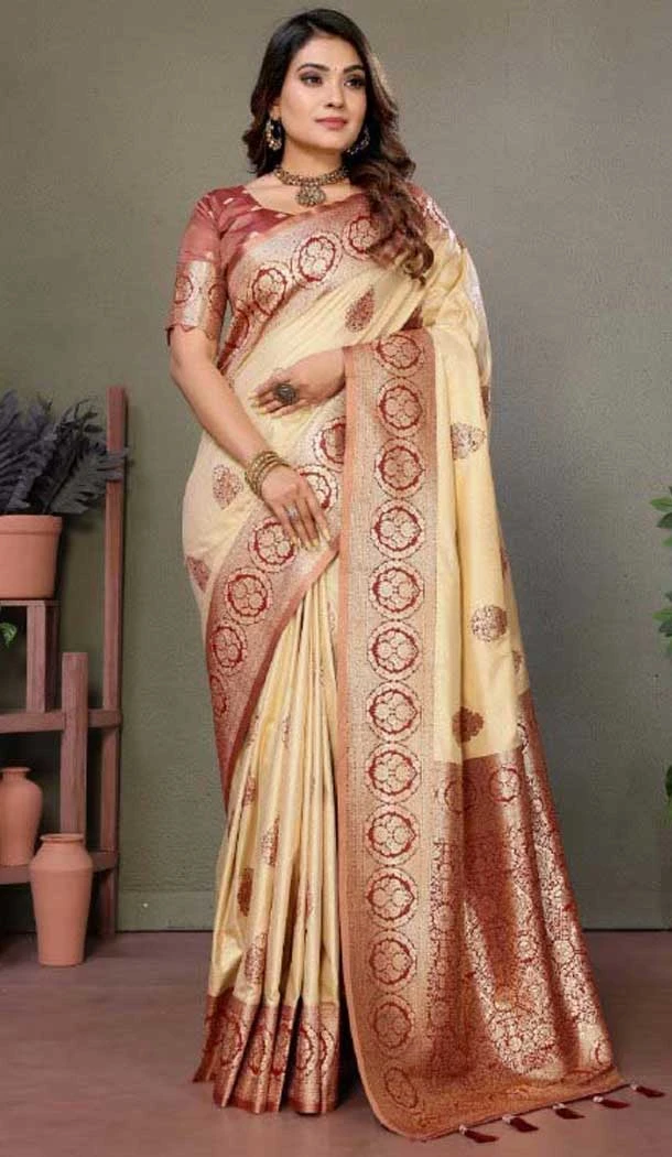 Viscose Silk Zari Weaving Work Party Wear Designer Saree In Cream - 11259199946