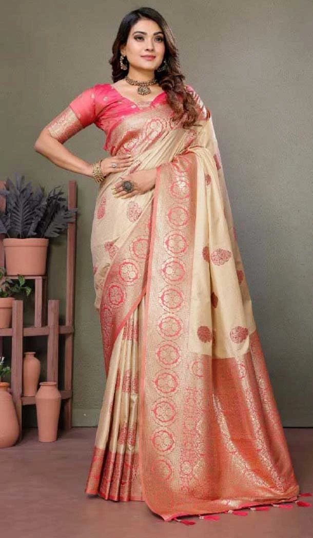 Designer Viscose Silk Zari Weaving Work Party Wear Saree In Cream - 11259199947