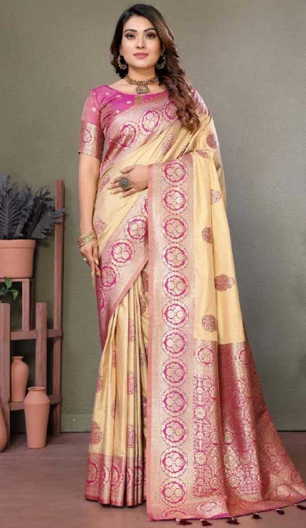 Cream Weaving Work Viscose Silk Zari Party Wear Saree  - 11259199948