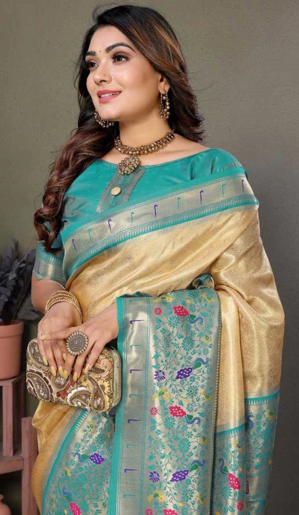 Beige Banarasi Tissue Silk Zari Work Party Wear Saree - 11260199949