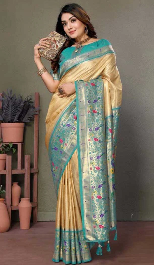 Beige Banarasi Tissue Silk Zari Work Party Wear Saree - 11260199949
