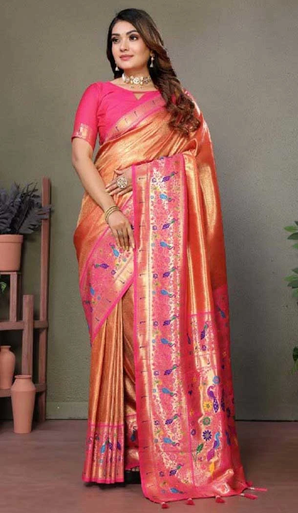 Dark Peach Banarasi Tissue Silk Zari Work Party Wear Saree - 11260199952 Dark Peach Banarasi Tissue Silk Zari Work Party Wear Saree - 11260199952