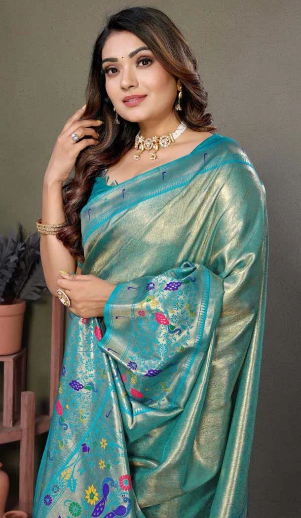Firozi Blue Banarasi Tissue Silk Zari Work Party Wear Saree - 11260199953