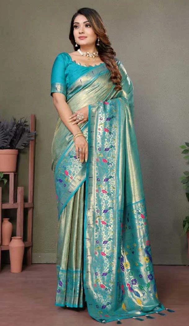 Firozi Blue Banarasi Tissue Silk Zari Work Party Wear Saree - 11260199953