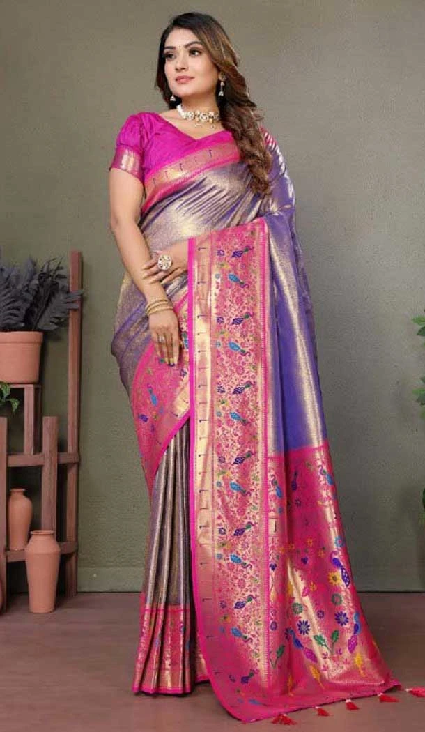 Purple Banarasi Tissue Silk Zari Work Party Wear Saree - 11260199956