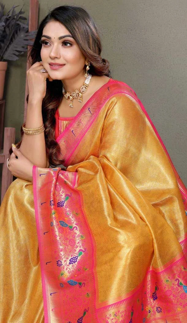 Yellow Banarasi Tissue Silk Zari Work Party Wear Saree - 11260199957