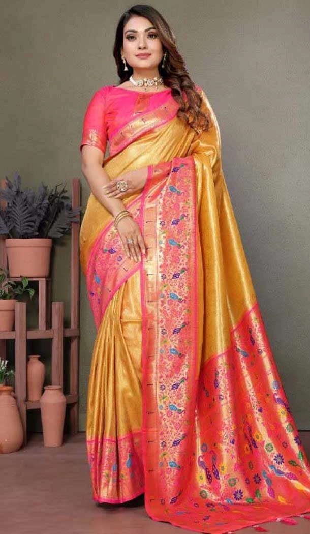 Yellow Banarasi Tissue Silk Zari Work Party Wear Saree - 11260199957