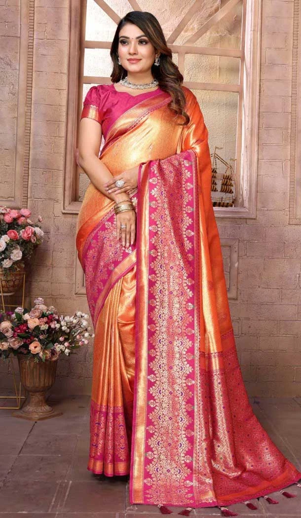 Banarasi Tissue Silk Woven Work Traditional Wear Saree In Orange - 11263199971
