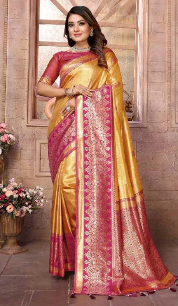 Banarasi Tissue Silk Woven Work Traditional Wear Saree In Yellow - 11263199975
