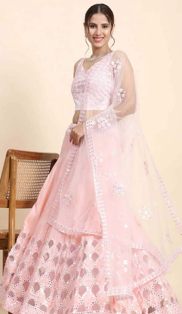 Pink Silk Embroidered Party Wear Lehenga Choli - 11287200086