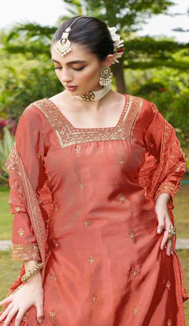 Orange Chinon Embroidery Work Party Wear Sharara Suit - 11360200436