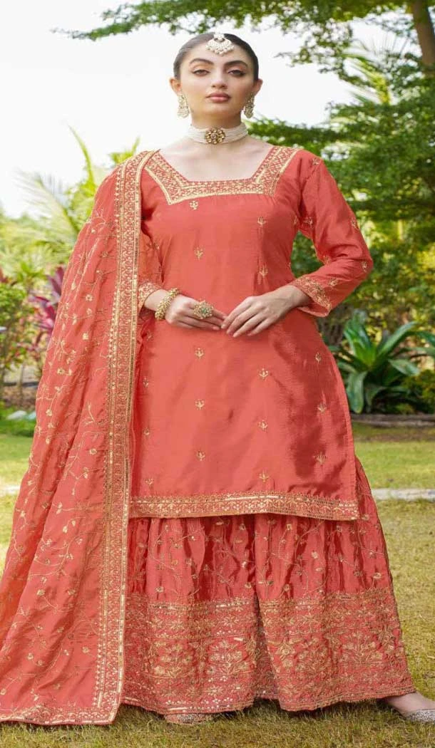 Orange Chinon Embroidery Work Party Wear Sharara Suit - 11360200436